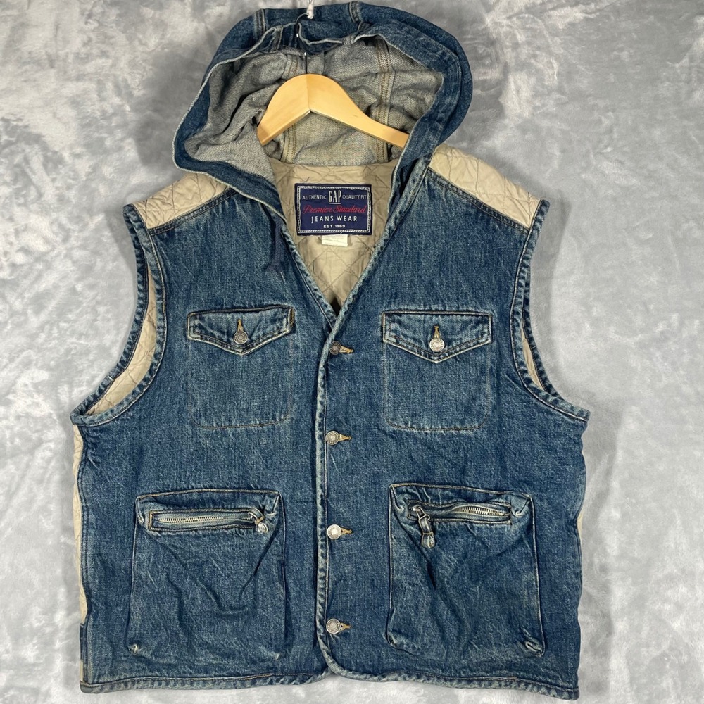 Vintage Gap Mens XL Hooded Denim Vest Quilted Back Mixed Media Blue 51028-00-1